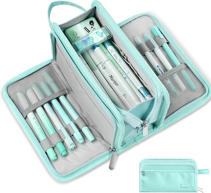 Sooez Large Pencil Case, Big Capacity Pencil Pouch Pen Bag with 3 Compartment, Portable Canvas Stationery Organizer with Zipper, Cute Aesthetic School Supplies for Teen Girls, Celadon