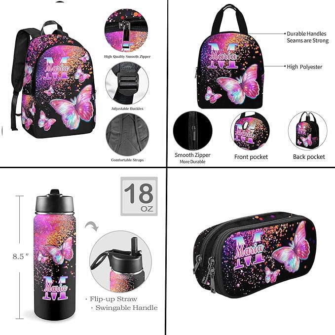 M YESCUSTOM Custom Girls Backpack Lunch Bag Set with Name, Pink Black Butterfly Personalized Kids Backpack for Girls School Travel Kindergarten Bookbag with Water Bottle Pencil Pouch