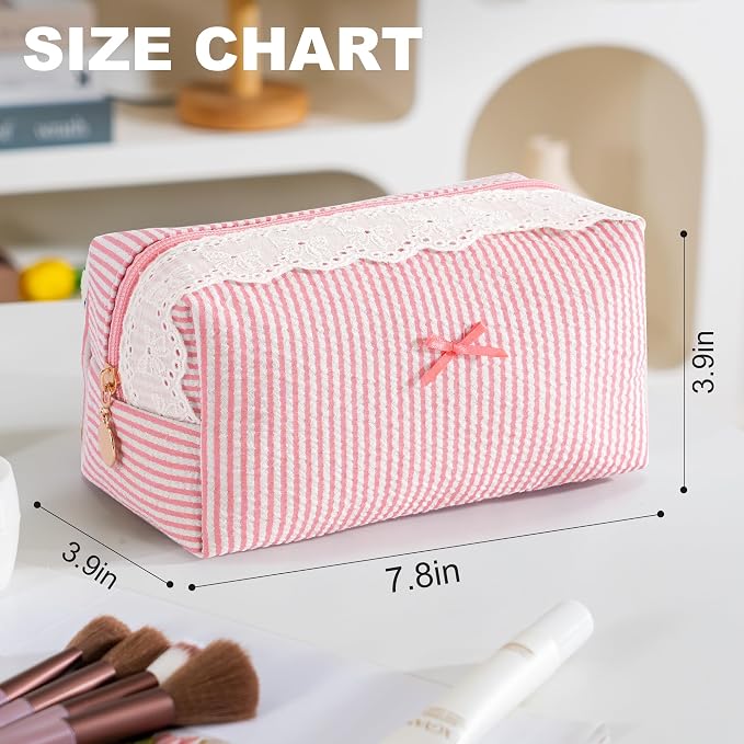 Makeup Bag Travel Toiletry Bag for Women, Small Cosmetic Bags with Lace Trim Cute Blush Stripe Aesthetic Organizer Makeup Pouch for Purse Emergency Bag Pencil Case Accessory Bag