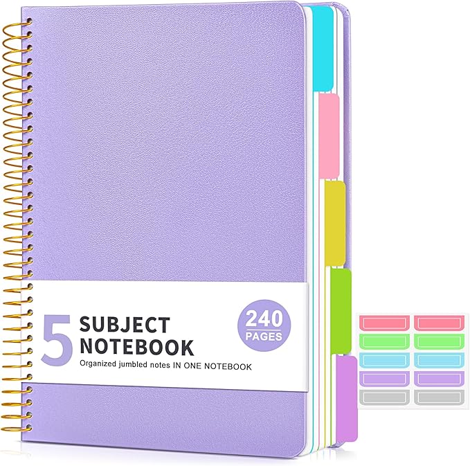 5 Subject Notebook College Ruled with Removable Pocket Dividers Tabs, 240 Pages Spiral Notebook 8.5 x 11, Lined Journal Notebook for Women , Hardcover Notebooks for Work School Note taking A4 Purple