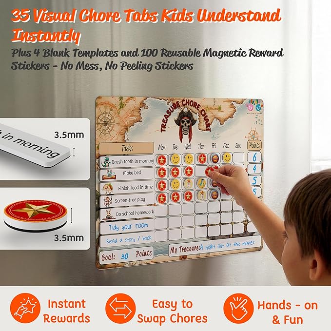 Mimi Doodle Magnetic Chore Chart for Kids – 16x12 Dry Erase Daily Responsibility Board for Fridge with 39 Chore tabs, 100 Reward Stickers – Behavior Chart for Kids at Home – Pirate Theme