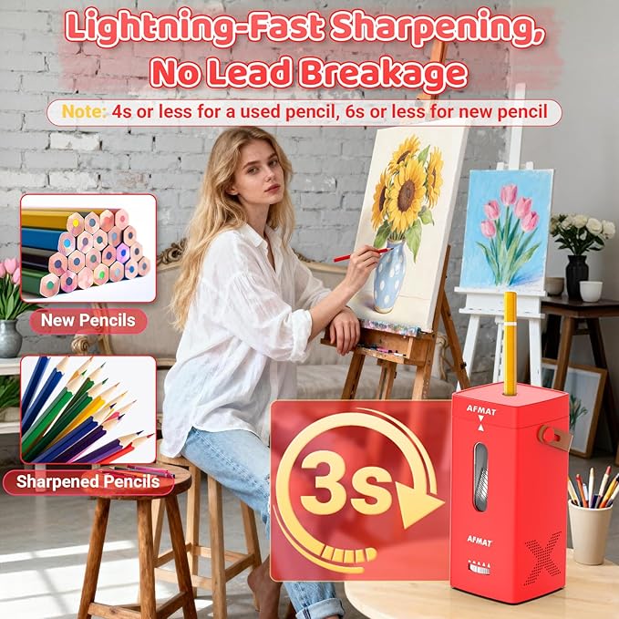 AFMAT Electric Pencil Sharpener, Fully Automatic Pencil Sharpener, Auto in & Out, Rechargeable Hands-Free Sharpeners for Jumbo & Colored Pencils (6.5-12mm), Portable for Home/Classroom/Office PSC6