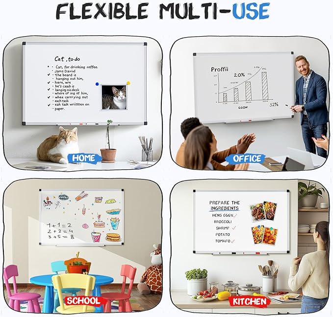 NEWBULIG White Board, 36" x 24" Magnetic Dry Erase Board for Wall with 1 Dry Eraser & 2 Multi-Color Markers & 4 Magnetic Pins, Silver Aluminum Frame for Office, Home, School, White