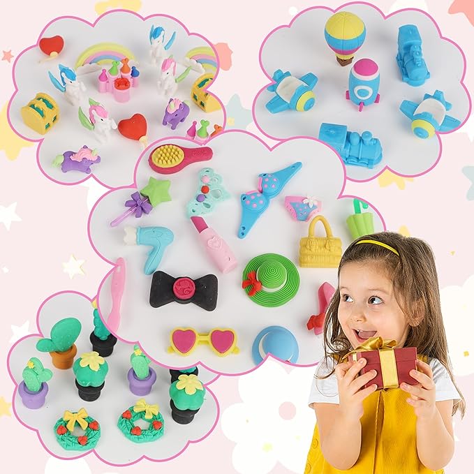 Cllayees 72 Pcs Erasers for Kids, Mini Pencil Eraser Bulk Classroom Prizes, Fun Puzzle Erasers for Girl Preschool Elementary Student, Back to School Supplies
