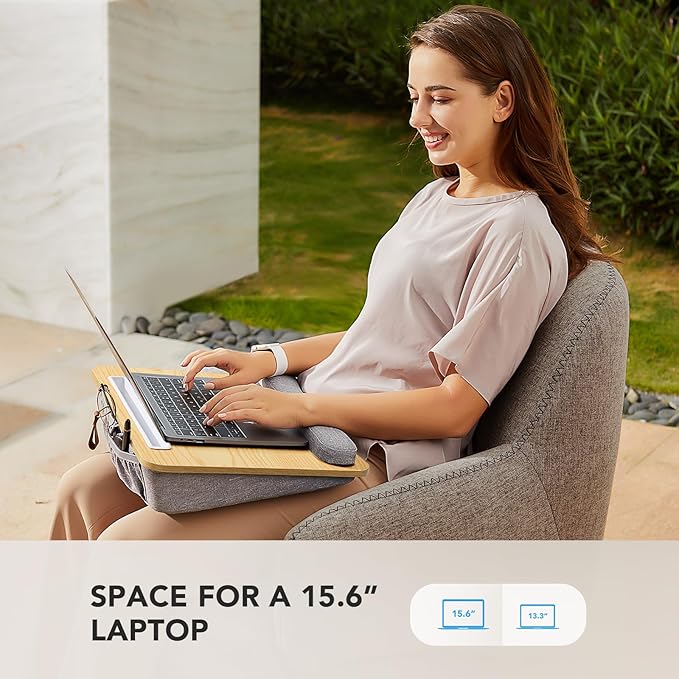 HUANUO Laptop Lap Desk - Portable Lap Desk with Pillow Cushion, Fits up to 15.6 inch Laptop, with Anti-Slip Strip & Storage Function for Home Office Students Use as Computer Laptop Stand - Light Wood