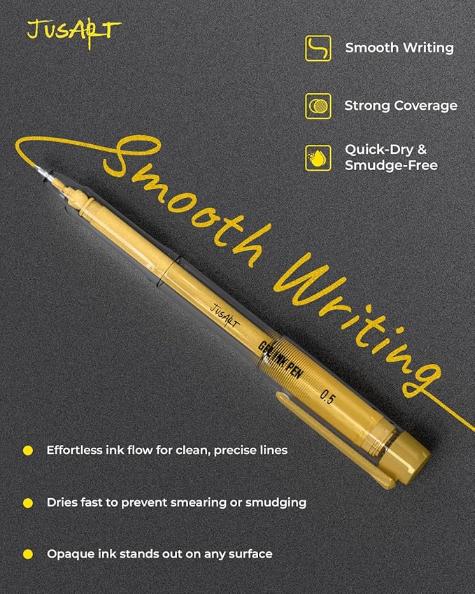 JusArt Gold Pens with 0.4mm, 0.5mm & 1.0mm Assorted Tips, Opaque Gold Ink Pens for Writing, Black Paper Journaling, Drawing & DIY Crafts, Ideal Drawing Pens for Artists & Art Supplies, 3 Pack
