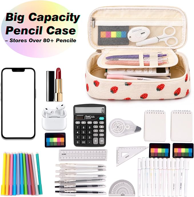 Big Capacity Pencil case,Soft Corduroy Pencil Bag,Cute Pen Case with Handle,5 Compartments, Wide Opening Pen Pouch Organizer for Teen Girls Women (Strawberry)