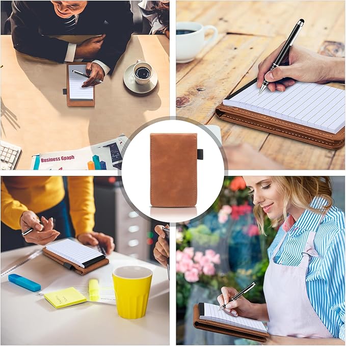 Outus 10 Pcs Mini Pocket Notepad Holder Set Included Small Leather Pocket Notebook Holder with 50 Lined Sheets, Metal Pen, 8 Pcs 3 x 5 Inch Memo Book Refills, 30 Lined Paper Per Note Pad (Camel，white)