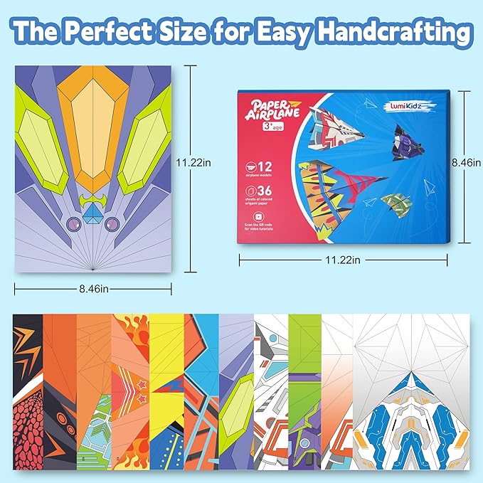 Paper Airplane Origami Kit for Kids Ages 8-12, 12 Paper Airplane Designs with 36 Colorful Origami Papers, Folding Airplane Activities for Kids, Creative Origami Kit Gift for Boys Girls