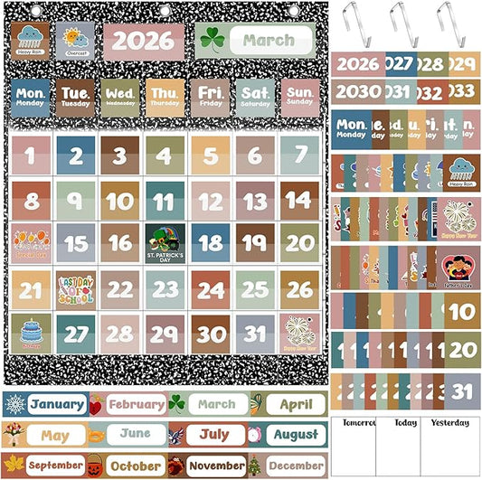 Tinlade Classroom Calendar Pocket Chart Set with 115 Cards 24 x 28 Inch Modern Minimalist Calendar Bulletin Board Pocket 2026–2033 Festival Weather Teacher Supplies for Classroom Wall Decoration