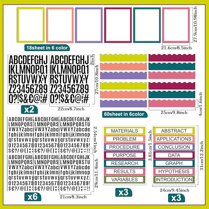 Sinload 92 Pcs Science Fair Board Supplies 60 Trim Scalloped Poster Boards 18 Presentation Subtitles 6 Project Titles 8 Letter Sticker for Classroom Display Boards(Bright Color,Wave)