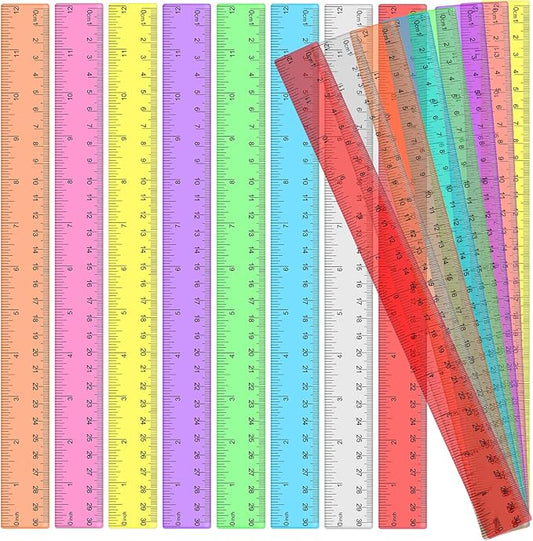 32 Pcs Multicolor Plastic Rulers - 12 Inch Shatterproof Flexible Measuring Tools with in/Cm Scales, Ideal for Classroom, Office & Art Projects