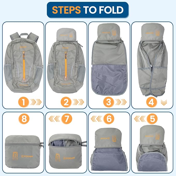ZOMAKE Lightweight Packable Backpack 25L, Foldable Hiking Daypack | Water Resistant Small Folding Backpacks for Travel, Everyday Carry, Multi-Pocket Layout, Breathable Shoulder Strap