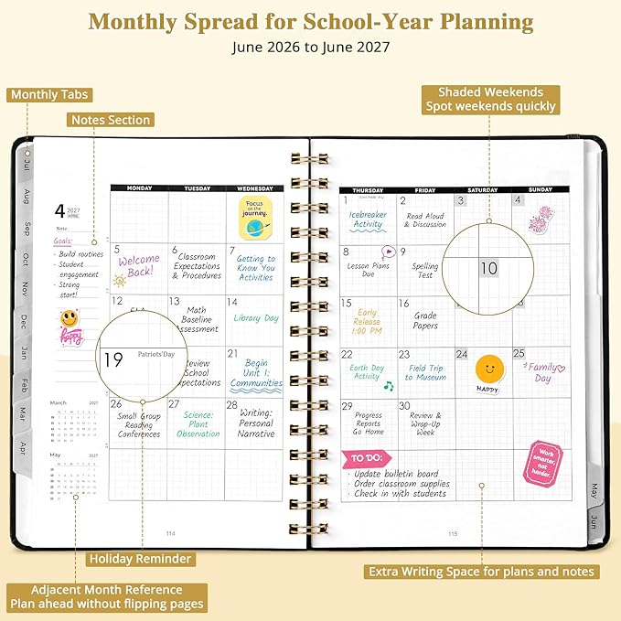 JoyCat 13-Month Academic Planner 2026-2027, June 2026 - June 2027, A5 Weekly & Monthly Planner, Hardcover Agenda with Tabs, 5 Sticker Sheets, Elastic Closure & Pocket for Teachers & Students, 6.3" x 8.5", Black