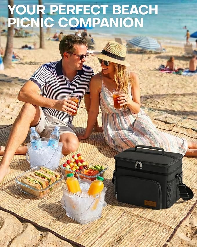 HOTOR Insulated Lunch Box Men Women Leak-Proof Cooler Lunch Bag 15L | 4 Pockets, Adjustable Strap, Ideal for Work, Picnic, Travel, Camping, Gift, Black