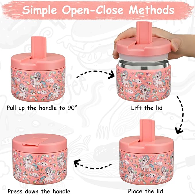 Pawtong 12oz Insulated Vacuum Food Jar with Buckle Lid Wide Mouth Soup Thermo for Hot Food Kids Leakproof Stainless Steel Lunch Container (Pink-Horse)