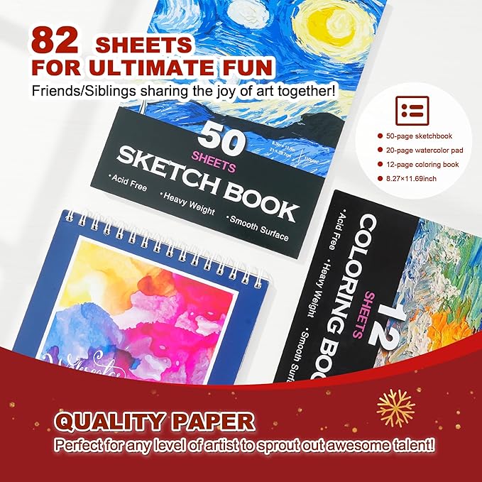 GOTIDEAL 143 Piece Kids Coloring Set,Arts and Crafts Kits with 3 Drawing Pads,Waterclolr Paints,Crayons,Colored Pencils,Paint Set in Wooden Case,Professional Art Kit Gift,Kids,Teens,Beginners（Auburn）
