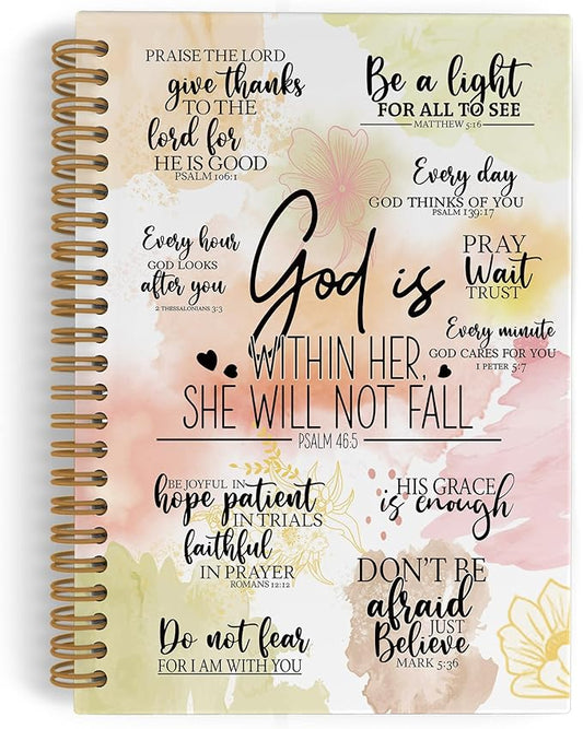 Christian Gifts for Women Spiral Notebook, God Is Within Her She Will Not Fall Journal Notebook, Bible Verse Notebooks for School Work, Inspirational Religious Office Supplies Gifts, 5.5x8.3Inch