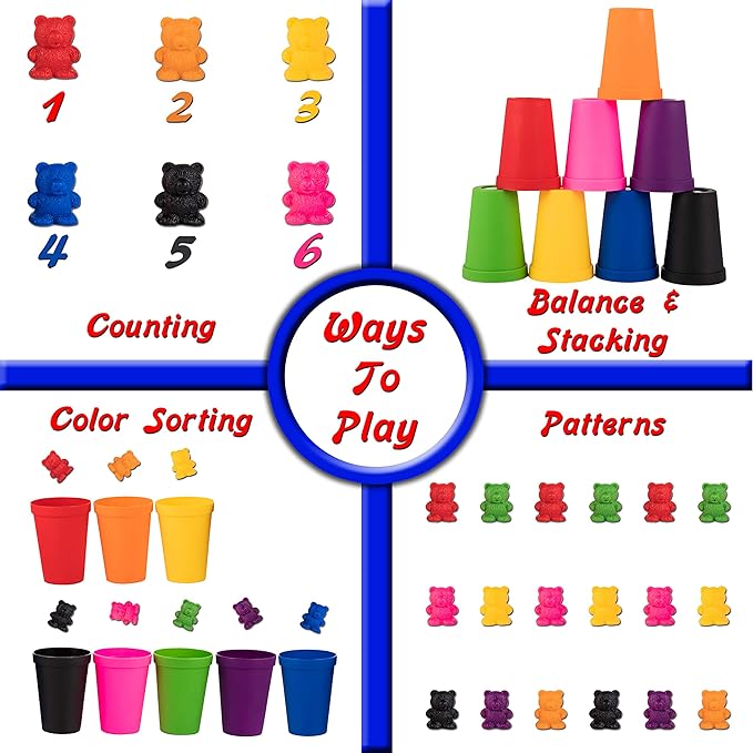 Driddle Colorful Counting Bears with Matching Cups - 80 Bears - Sort, Count & Color Recognition Learning Toy for Toddler & Kids - Montessori Education - Preschool Game