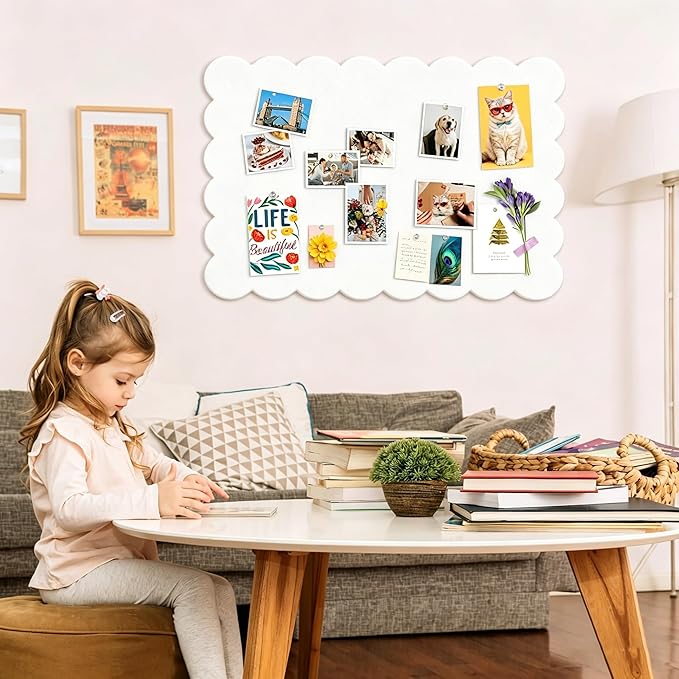 Felt Bulletin Board,36 x 24 Inch White Scalloped Foldable Large Bulletin Board for Wall, Decorative Vision Board & Photo Display (Beige)