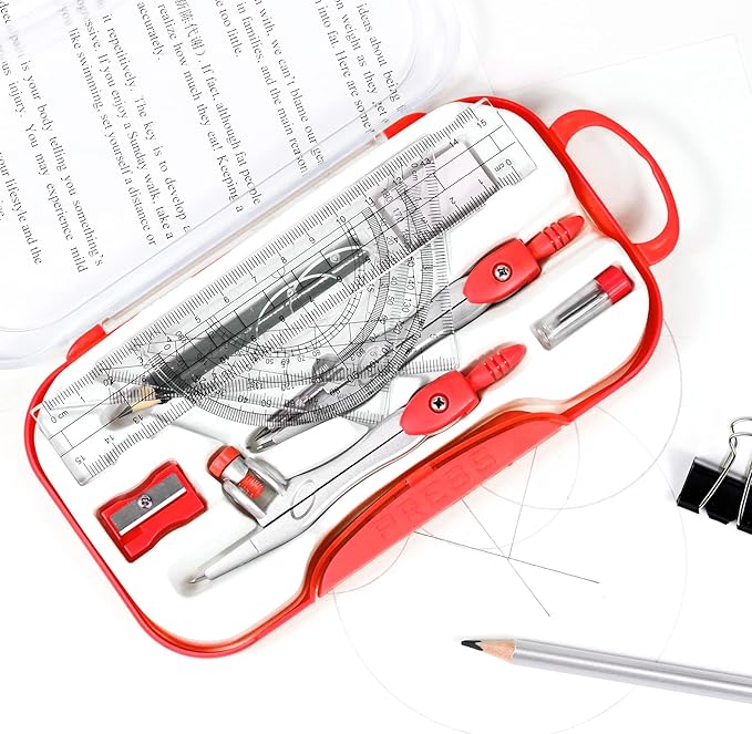 Vobou 10 Pieces Math Geometry Kit Set Student Supplies with Shatterproof Storage Box,Includes Rulers,Protractor,Compass,Eraser,Pencil Sharpener,Lead Refills,Pencil,for School and Drawings（Red）