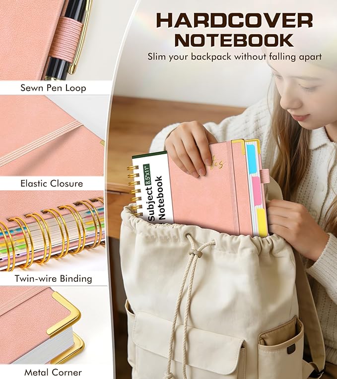 Hardcover Spiral Notebook Journal 8.5" x 11" Leather 5 Subject Notebook with Removable Dividers Tabs, 300 Pages Organizer Notebooks for Work School, College Ruled, Large Lined Journal for Women,Pink