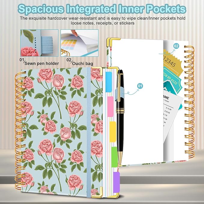 Spiral Journal Notebooks for Work, 300 Pages 5 Subject Notebook College Ruled with Dividers & Tabs, A5 Notebook Journal for Women Students Note-Taking and Organizer (Blushing Rose)