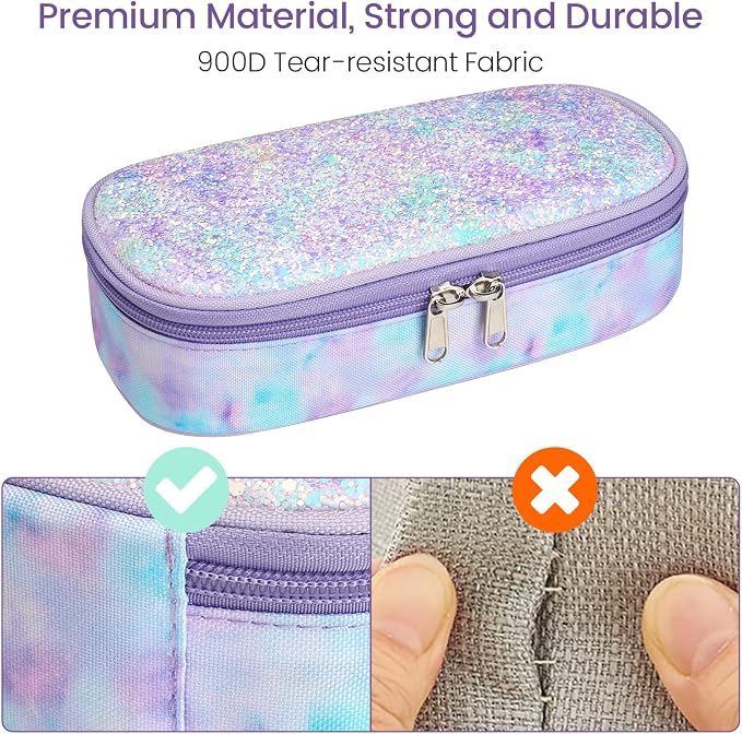 Cambond Pencil Case for Girls - School Pencil Pouch Kids, Glitter Purple | Cute Pencil Case for Kids With Name Card and Slot, Girls Aesthetic Shool Supplies for Staionary, Water-Resistent Pen Bag