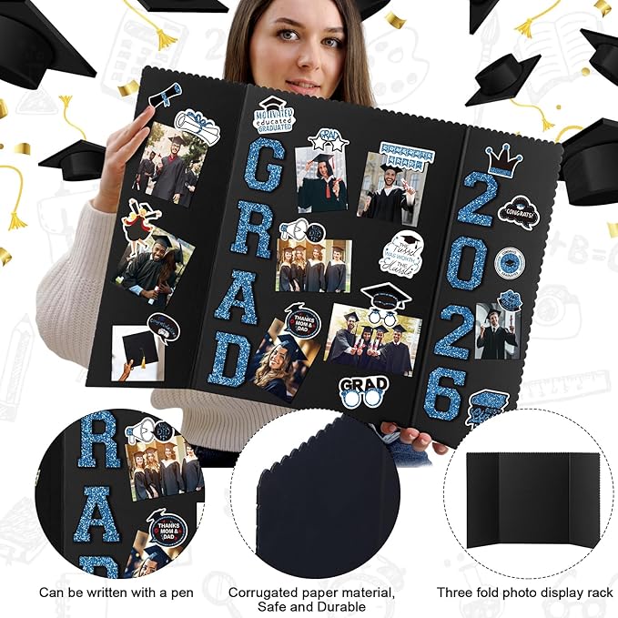 MiniInflat 4 Set 2026 Graduation Picture Trifold Poster Board Double-Sided Foldable Photo Display Board Graduation Decoration for Class of 2026 High School College DIY Craft(Blue,24 x 32 Inches)
