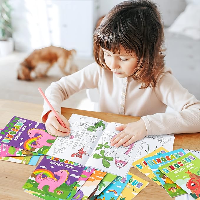 JAPBOR 24pcs Dinosaur Activity Coloring Books for Kids Party Favors, Mini Art Color Pages Drawing Booklet Supplies, Birthday Painting Games Theme Doodle Small Colouring Book Bulk Goodie Bag Filler