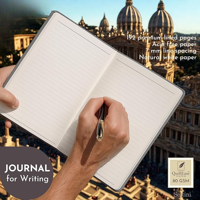 SETTINI Lined Journal, Ideal for Journaling - A5 Vegan Leather Notebook, 192 Archival-Quality Pages, QuillEase Bleed-Free Paper, Inner Pocket & Bookmark - Father Day Gift, Grey Compass