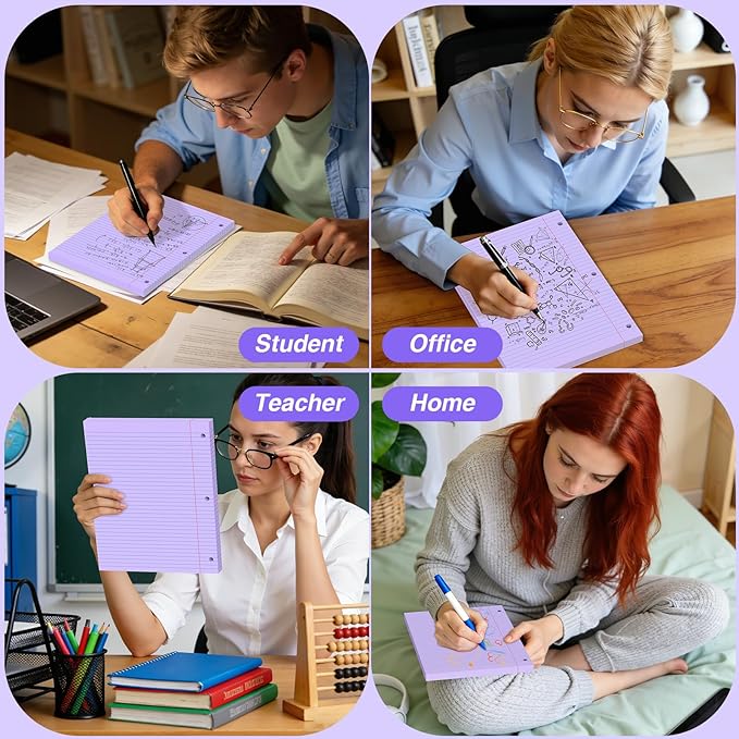 Purple Loose Leaf Paper 120 Sheets Purple Paper 8" x 10.5" College Ruled Paper Colored Notebook Paper 3-Hole Punched Lined Paper, 3 Ring Binder Paper 8 x 10.5 Filler Paper for School Office Supplies