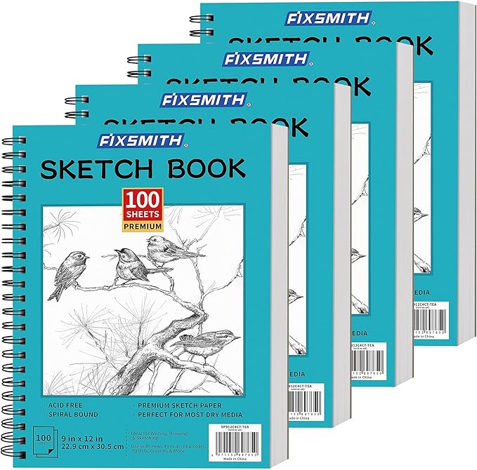 FIXSMITH 9"X12" Teal Sketch Book, 400 Sheets (68 lb/100gsm) Spiral Sketchbook, Acid Free Drawing Paper, Sketch Pad for Beginners,Artists & Professionals, Bright White