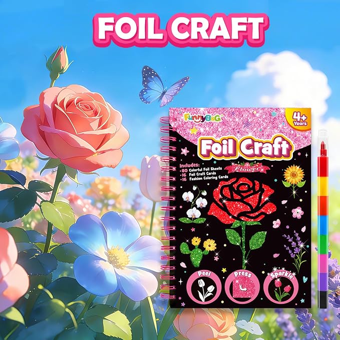 FUNNYB&G Foil Art Craft Kit for Girls 4-10 Years Old: Mess-Free & No-Glue, Create 16 Sparkly Flower Pictures – Perfect Travel Toy & Birthday Gift for Kids(Flower)