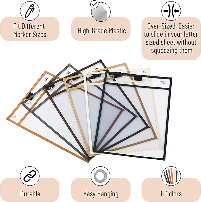 Mr. Pen- Reusable Dry Erase Pocket Sleeves, 10" x 14", 6 Pack, Desert Dusk Color, Clear Plastic Paper Sleeves, Ticket Holders, Clear Plastic Sheet Protectors, Teacher, School, Classroom Supplies