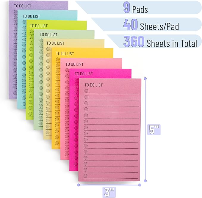 Mr. Pen- to Do List Sticky Notes, 3” x 5”, 9 Pads, 360 Sheets, Lined Checklist Sticky Pads with Smooth Writing, Easy Peel-Off, Thick Paper for Planning, Office, School & Daily Tasks