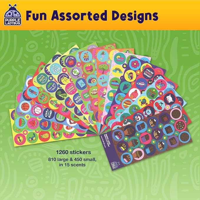 Purple Ladybug 1260 Variety Scratch and Sniff Stickers - Classroom Decor with 15 Unique Scents - Fun and Motivational Rewards for Kids and Teachers Must Haves, Smelly Sticker Back to School Gift