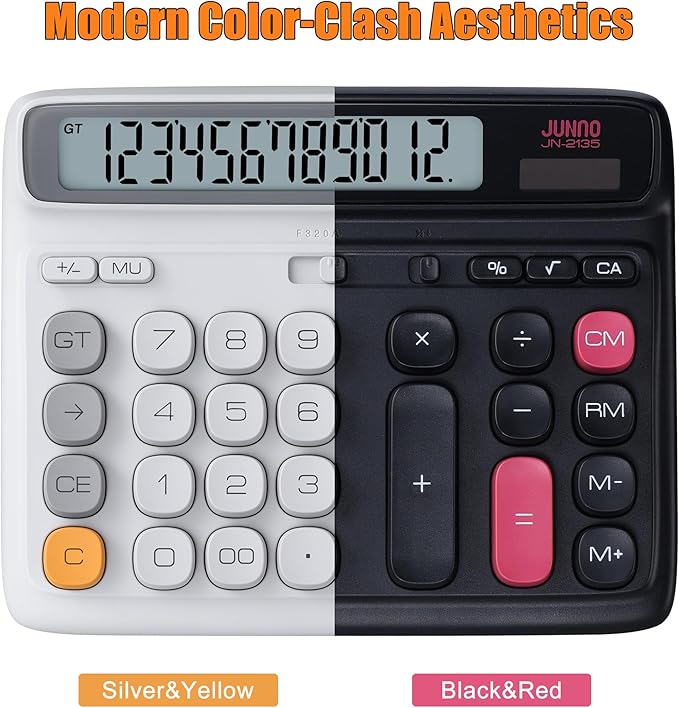 12-Digit Desktop Calculator, Modern Color-Clash Aesthetic Design, Dual Power (Solar & Battery), Ergonomic Tilted Large LCD Display for Office, School and Accounting (Silver)