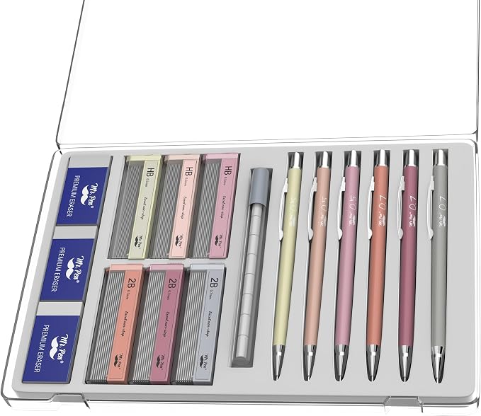 Mr. Pen- Cute Mechanical Pencil Set with Lead Refills & Erasers, 6 Pack | 2 Sizes, 0.5 & 0.7mm, 6x Tubes HB & 2B Lead Refill, 3x Erasers for School Supplies, Note Taking, Drawing, Sketching, Office