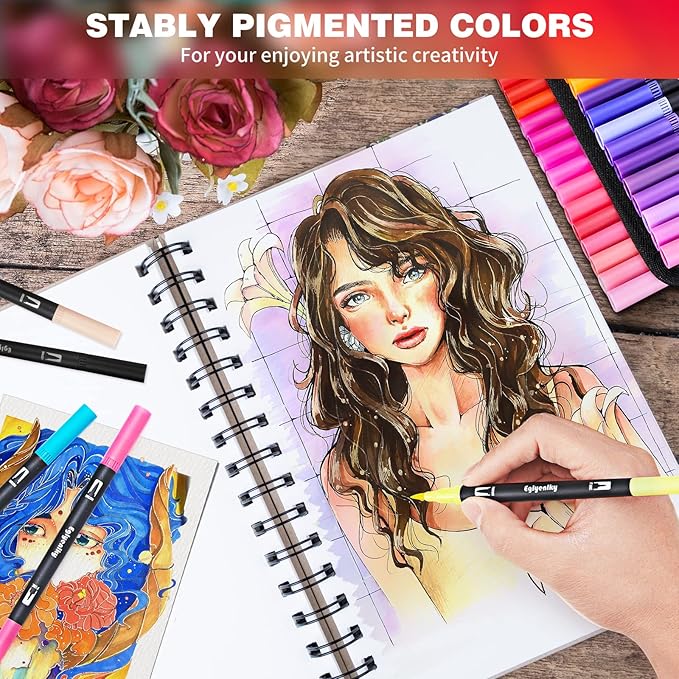 Eglyenlky Dual Brush Pens, Markers Adult Coloring Book,100 Colors Art Pens with Fine Point Markers and Brush Tip for Adult Kids Drawing (Black Set)