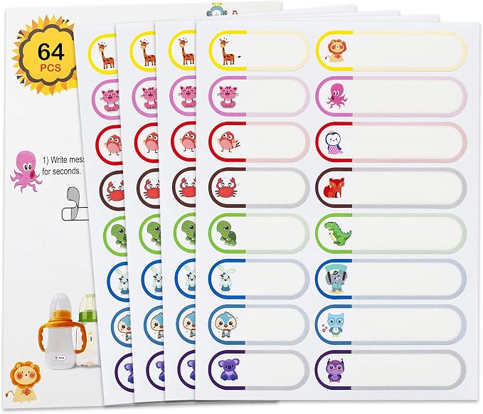 Name Labels for Kids Stuff School Supplies, Waterproof Daycare Labels for Baby Bottles, 64 PCS Water Bottle Label, Name Stickers Tags for Kids Daycare Essentials Self-Laminating, Dishwasher Safe