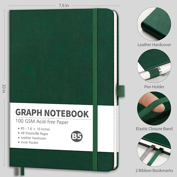 RETTACY Graph Grid Paper Notebook, 96 Pages, B5 Medium Size (7.6'' x 10''), 5 Squares per Inch, Leather Hardcover, 100 GSM Thick Paper, for School, Students, Math, Engineering (Dark Green)