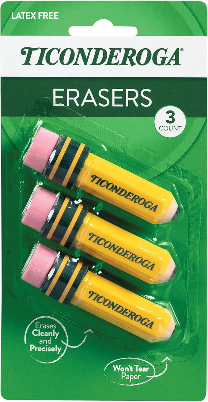 TICONDEROGA ® Erasers, Pencil Shaped, Yellow, 3 ct (38953)