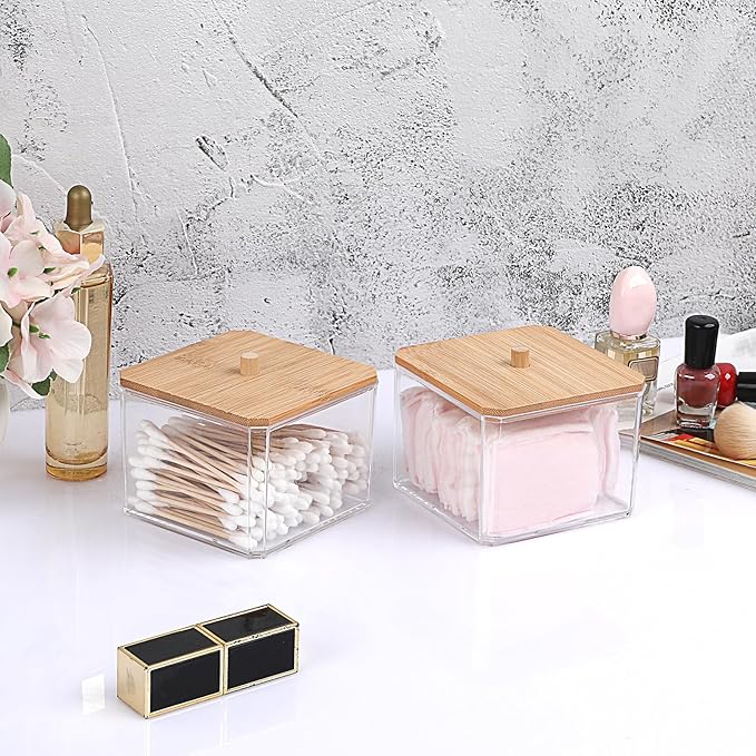 BTSKY 2 Pack Clear Stackable Paper Clip Holder with Bamboo Lid Paperclip Box Thick Acrylic Office Supply Accessory Organizer Square Small Storage Holder Cute Qtip Holder for Office Bathroom Vanity
