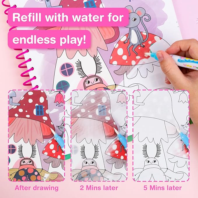 Avenir Reusable Water Coloring Book for Toddlers 3-5 Years, Road Trip & Airplane Mess-Free Portable Educational 4 in 1 Creative Set Water-Reveal Paint Activity Doodle Pad Kids Art Crafts