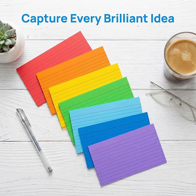 Colored Index Cards 3x5 Inches, 300 Count Neon Flash Cards with Ruled Lines, 6 Colors Portable Note Cards for School Study, College Office Home Organization, Durable To Do List Flashcards