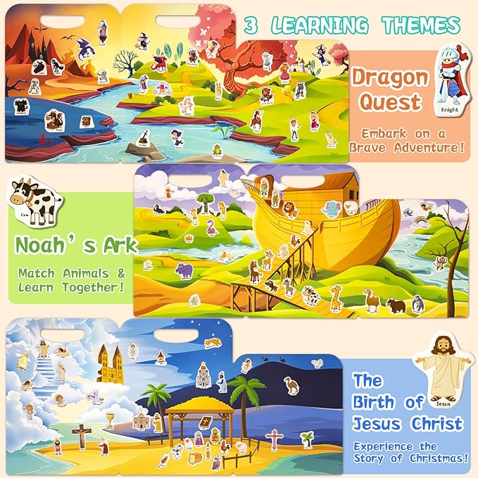 Reusable Sticker Books for Toddlers 1-3, Puffy Stickers Book for Kids Ages 2-4, Toddler Travel Activities Book Toy for Birthday Christmas - Christianity Jesus, Noah's Ark, Fairy Tales(3 Set)