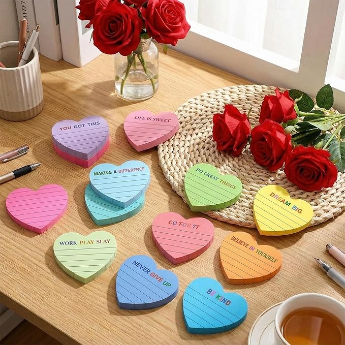 Teling 24 Pack Valentine's Day Sticky Notes Heart Lined Sticky Notes Inspiration Cute Self Adhesive Love Memo Pads for Galentines Party Exchange Gifts Home Office School 3x3 Inch