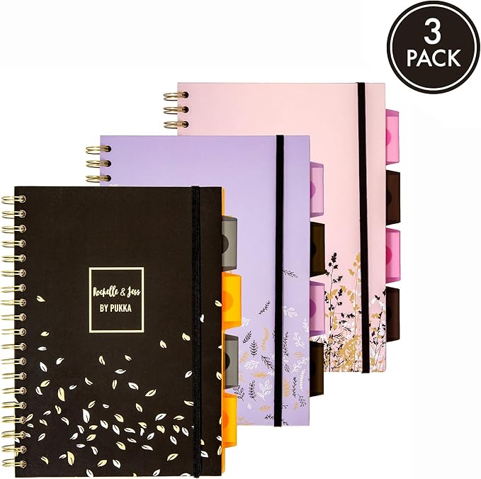 Pukka Pad 5 Subject Spiral Notebook 3-Pack - 200 Pages, 100 Sheets of 80GSM Paper with Repositionable Dividers & Perforated Edges for Office Planning & Organization - B5-7 X 10, Rochelle & Jess