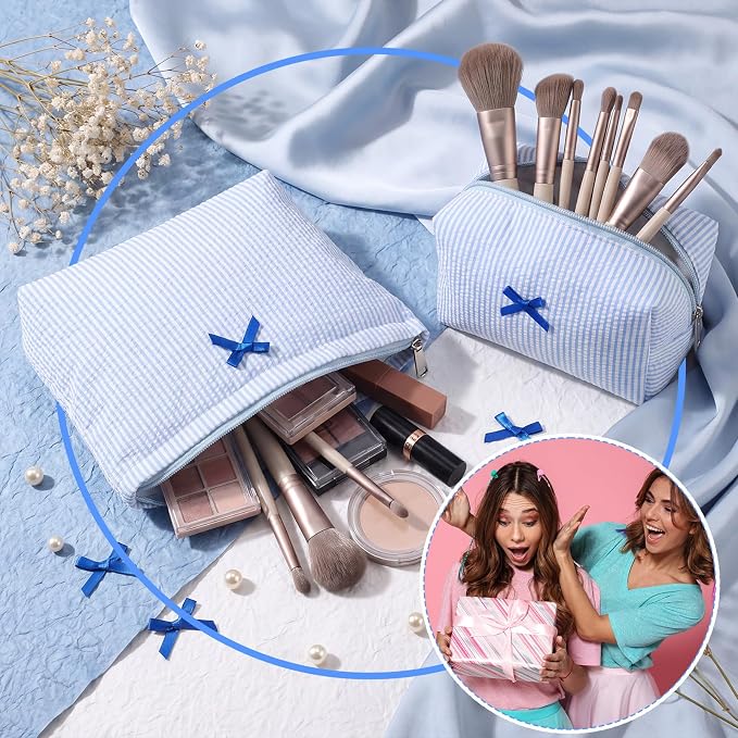 Huhumy 2 Pcs Bow Tie Makeup Bag Set, Stripe Cosmetic Pouch for Women, Seersucker Travel Toiletry Bag, Preppy Makeup Purse Pouch, Aesthetic Skincare Brushes Storage Organizer for Women Gifts(Blue)